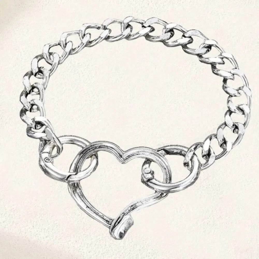 Stainless Steel Heart Bracelet Chain Link Boho Hammered Statement Piece